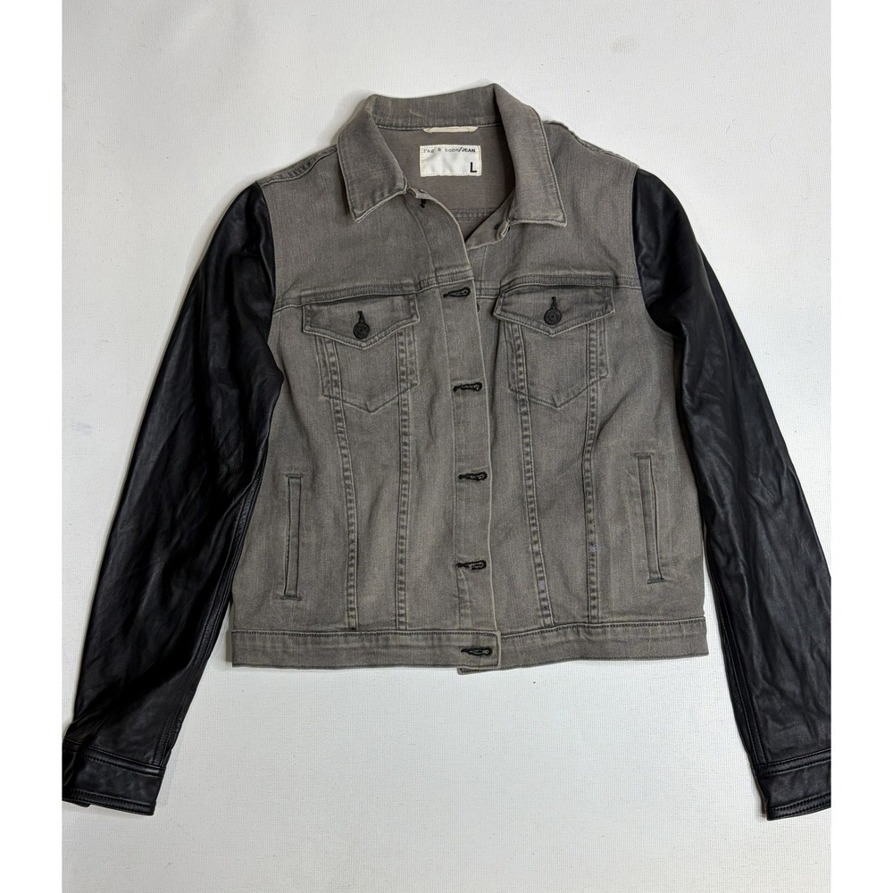 Rag & Bone JEAN Mixed Media Denim Leather Sleeve Jacket Grey Black W1402K302 L - Picture 6 of 9